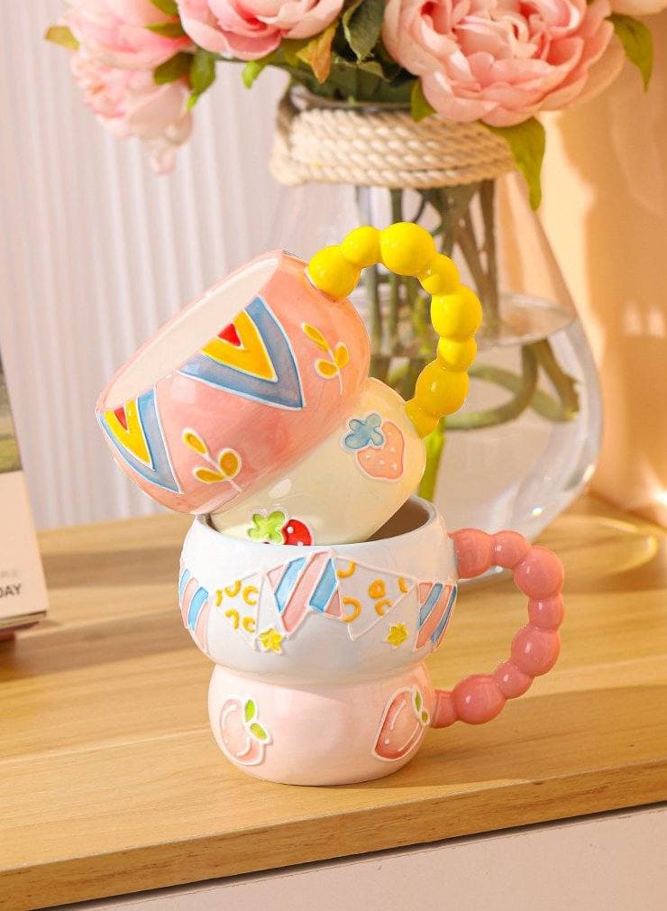 Mug en Céramique Aesthetic avec Anse Perles – Motif Fruité & Floral