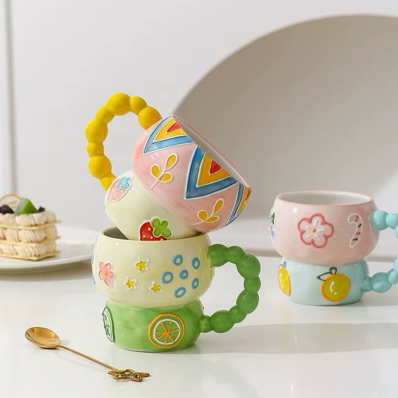 Mug en Céramique Aesthetic avec Anse Perles – Motif Fruité & Floral