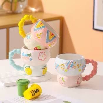 Mug en Céramique Aesthetic avec Anse Perles – Motif Fruité & Floral
