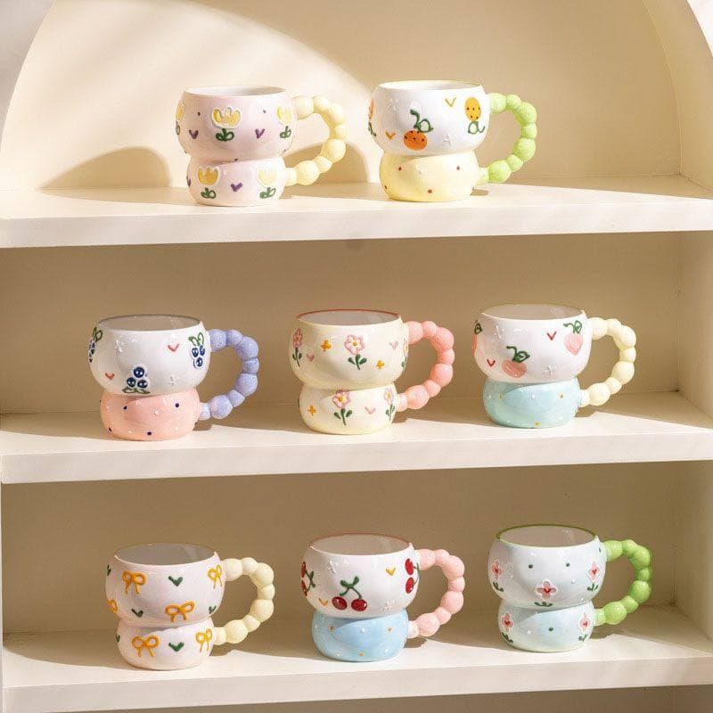 Mug en Céramique Aesthetic avec Anse Perles – Motif Fruité & Floral